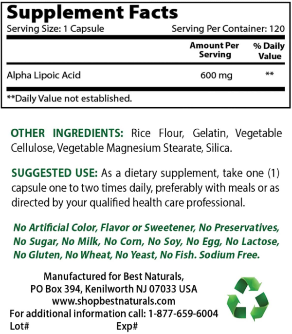Best Naturals Alpha Liopic Acid 600mg 120 Count