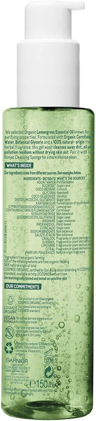 Garnier Organic Refreshing Lemongrass Detox Gel Wash Cleanser for Healthy Glowing Skin